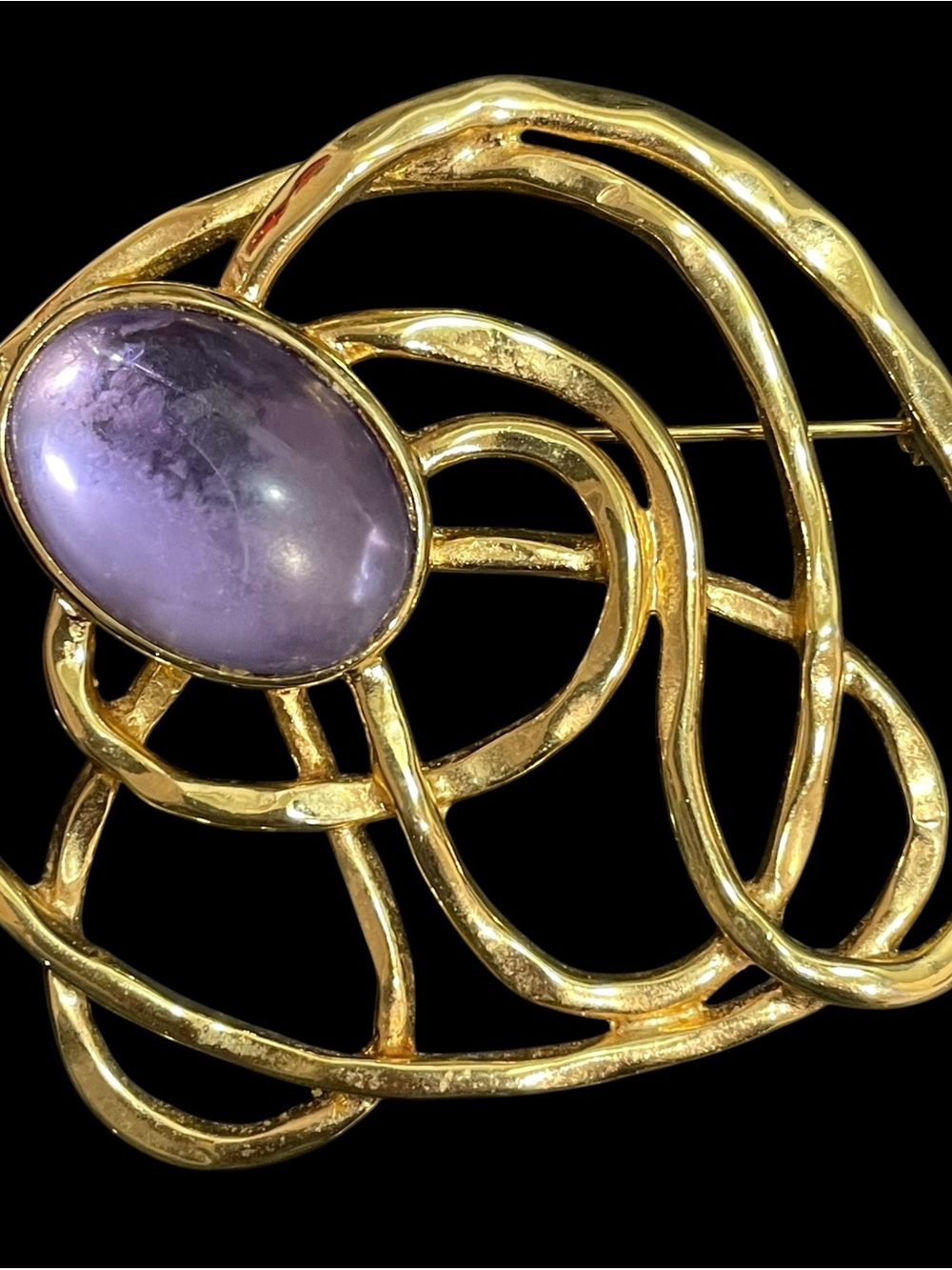 Vintage 1980s Avon Abstract Brooch Cabochon Gold Tone Modernist Pin Lucite